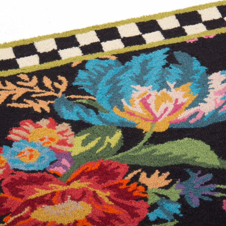 Handmade Black Floral Wool Rectangular Rug 3' x 5'
