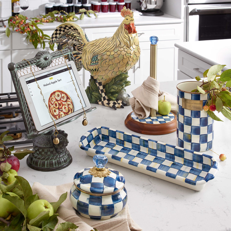 Royal Blue Check Enamel Squashed Pot with Glass Knob, 20 oz