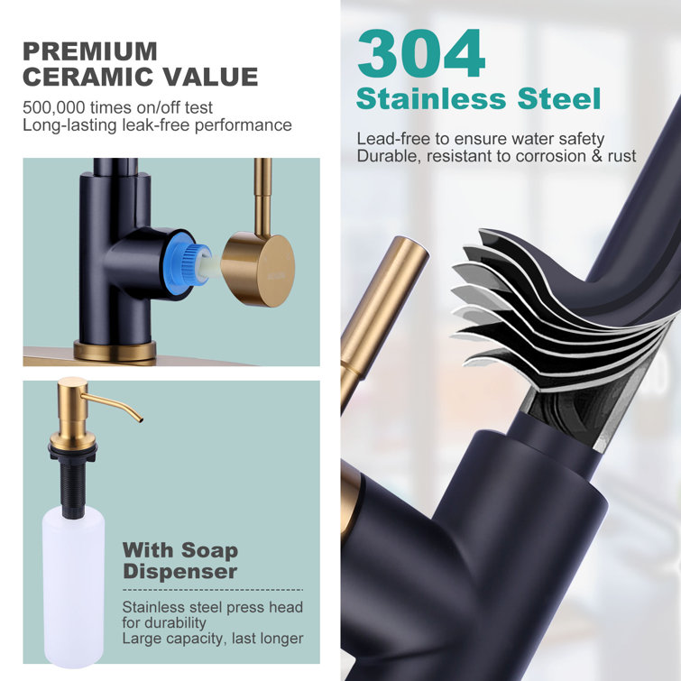Matte Black and Gold Stainless Steel Pull Down Kitchen Faucet