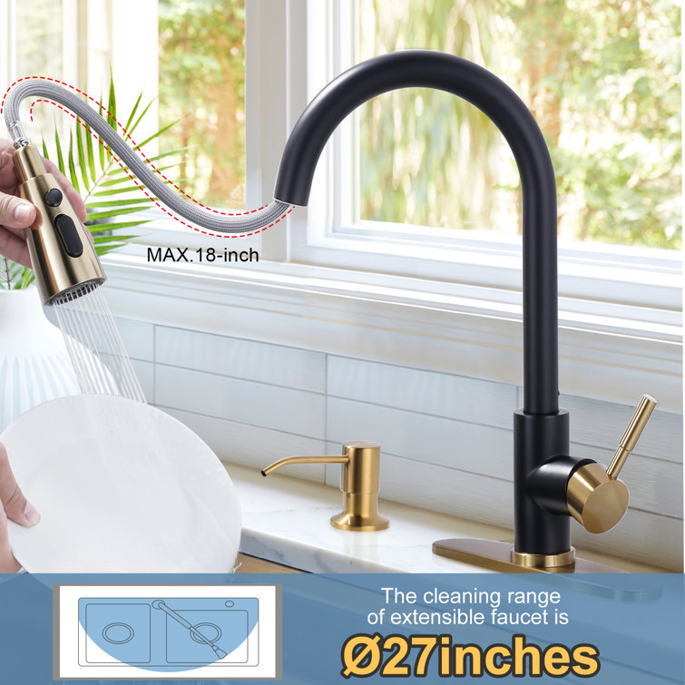 Matte Black and Gold Stainless Steel Pull Down Kitchen Faucet