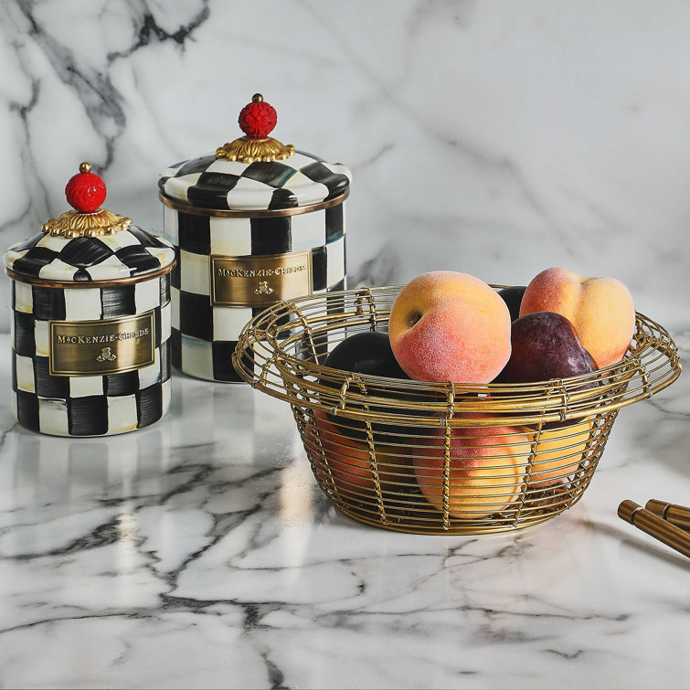 Small Black and White Checkered Enamel Canister with Brass Accents