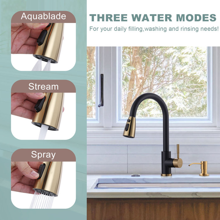 Matte Black and Gold Stainless Steel Pull Down Kitchen Faucet