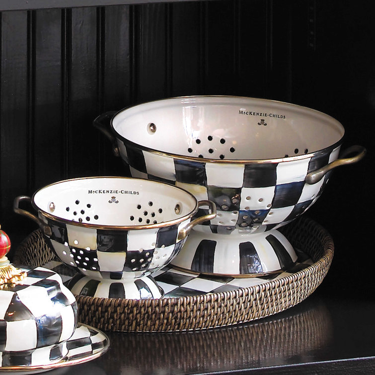 Courtly Check Hand-Painted Enamel Colander with Brass Handles