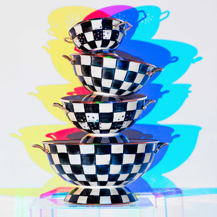 Courtly Check Hand-Painted Enamel Colander with Brass Handles