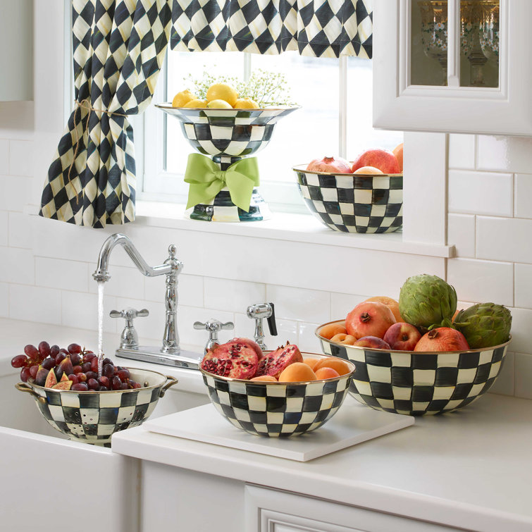 Courtly Check Hand-Painted Enamel Colander with Brass Handles