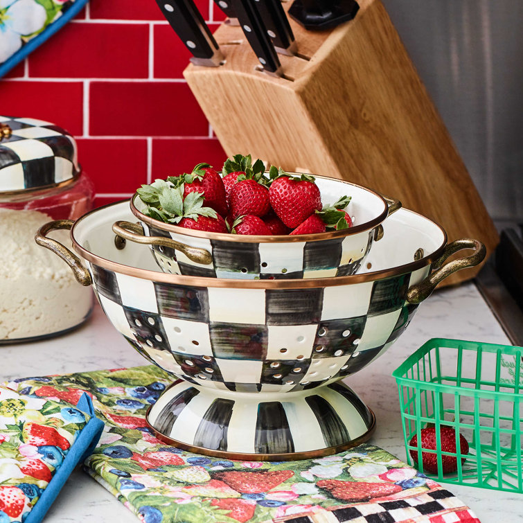 Courtly Check Hand-Painted Enamel Colander with Brass Handles