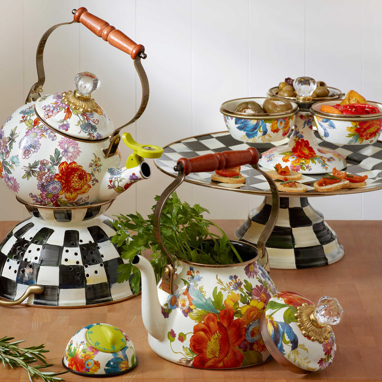 Courtly Check Hand-Painted Enamel Colander with Brass Handles