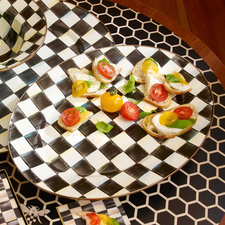 Medium Black and White Checkered Ceramic Oval Platter