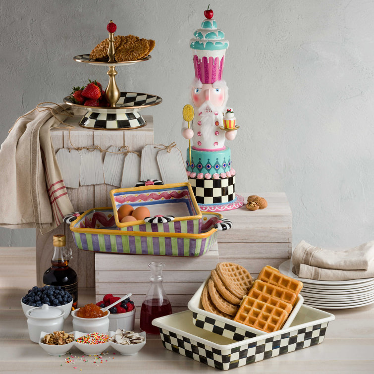 Elegant Hand-Painted Black and White Checkered Two-Tier Sweet Stand