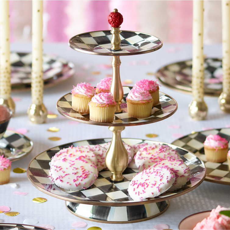 Courtly Check Round Multi-Color Tiered Sweet Stand with Brass Accents