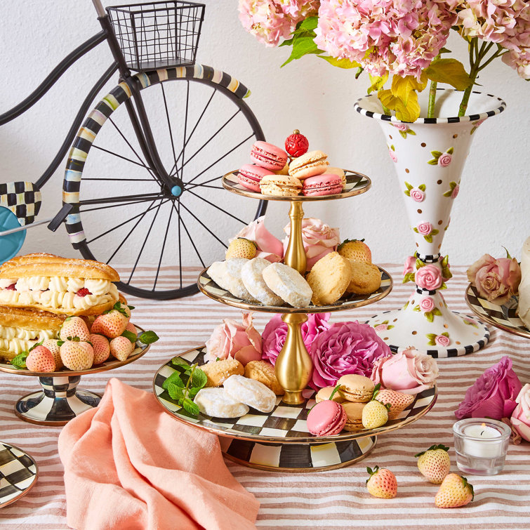 Courtly Check Round Multi-Color Tiered Sweet Stand with Brass Accents
