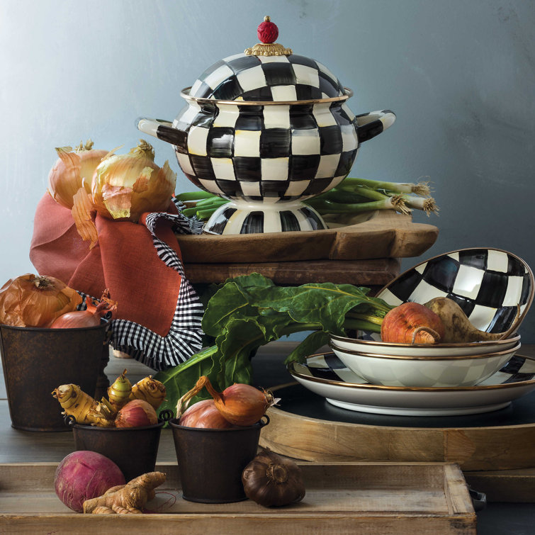 Hand-Painted Black and White Enamel Tureen, 3 Quarts