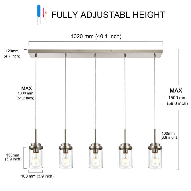 Brushed Nickel 5-Light Kitchen Island Pendant with Clear Glass Shades