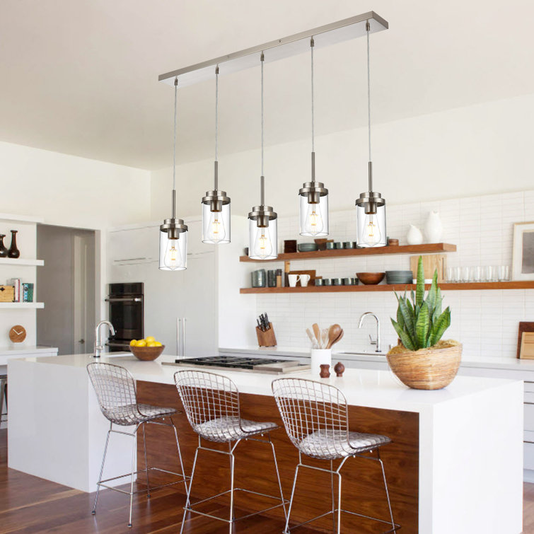 Brushed Nickel 5-Light Kitchen Island Pendant with Clear Glass Shades