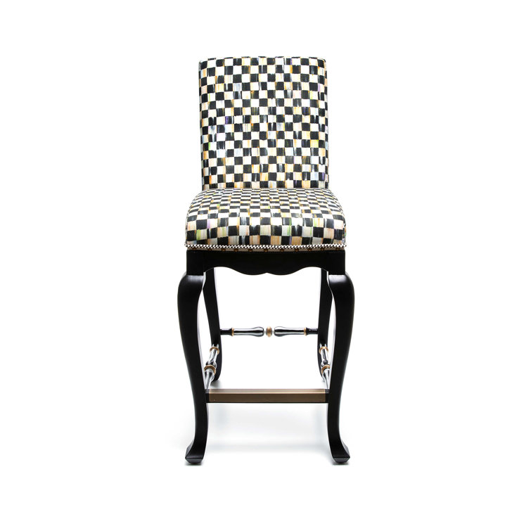 Black and White Upholstered Wood Counter Stool with Nailhead Trim