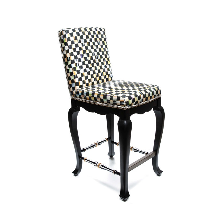 Black and White Upholstered Wood Counter Stool with Nailhead Trim
