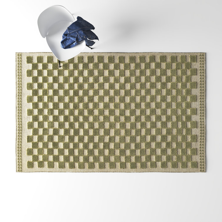 Beige and Olive Green Wool Checkered 10' x 14' Rug