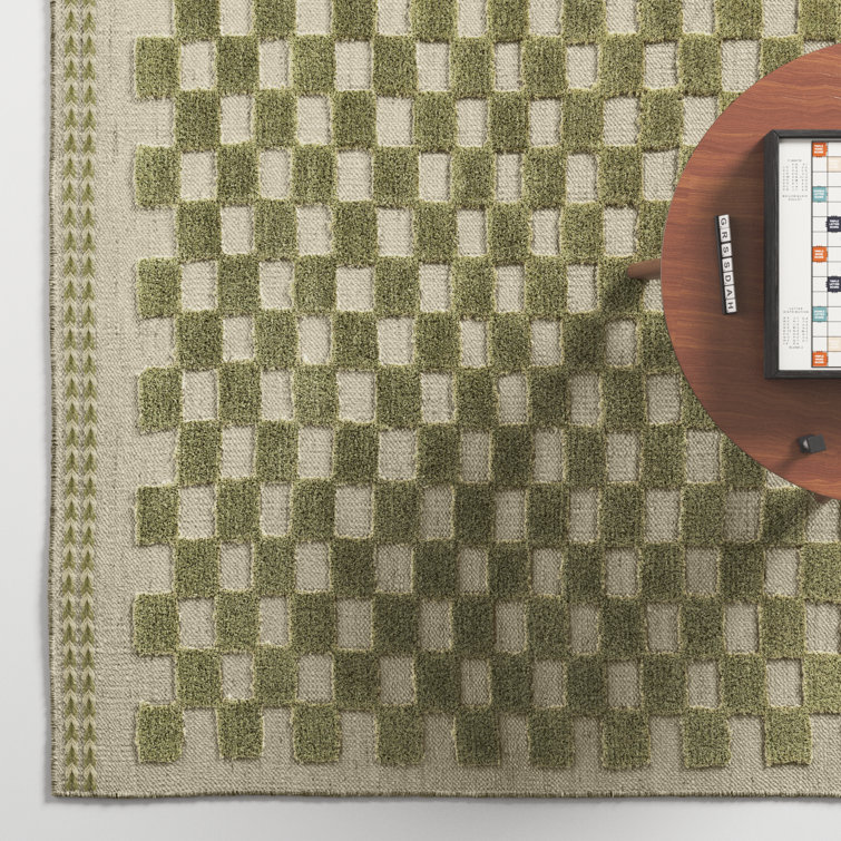 Beige and Olive Green Wool Checkered 10' x 14' Rug
