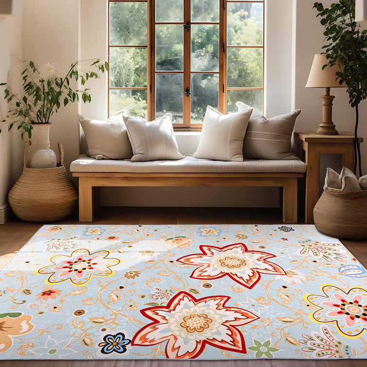 Blue Floral Synthetic Non-Slip Washable 5' x 7' Rug