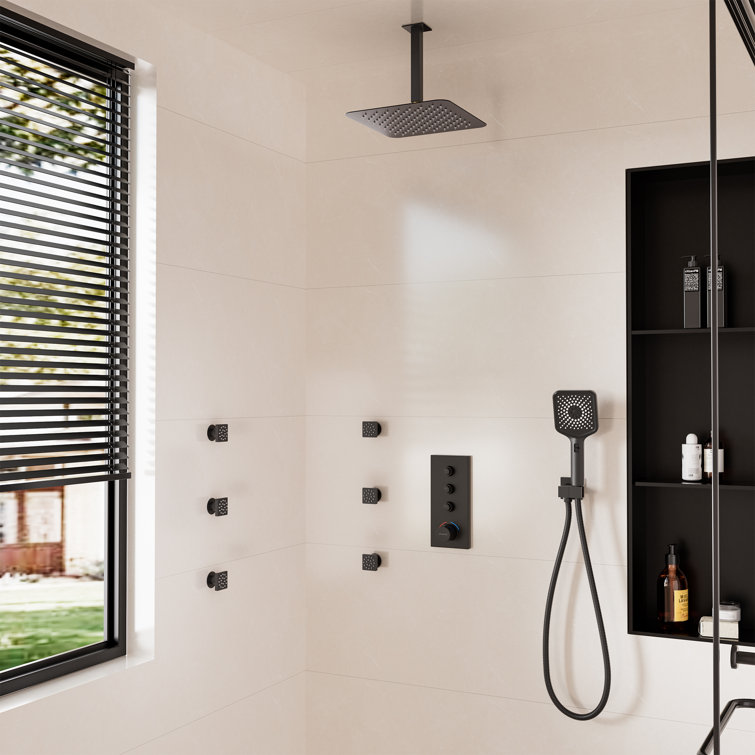 Matte Black Large Square Ceiling Mounted Dual Shower System