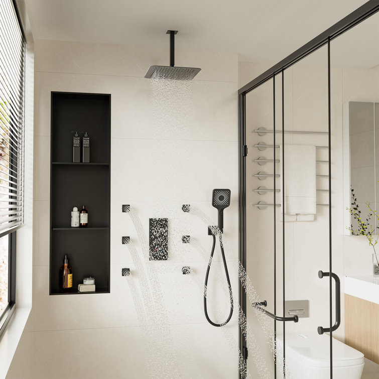 Matte Black Large Square Ceiling Mounted Dual Shower System