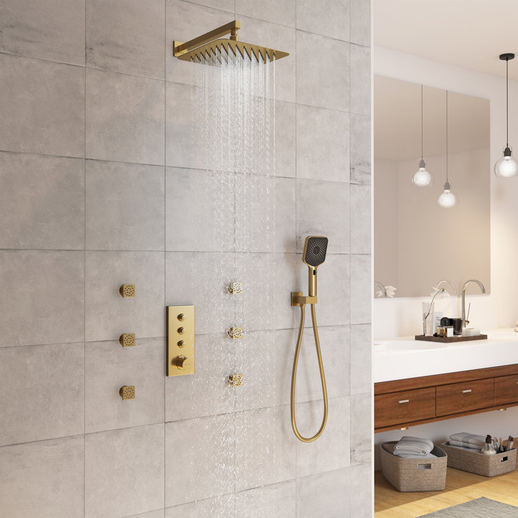 Brushed Gold Dual Square Wall Mount Shower System with Handheld