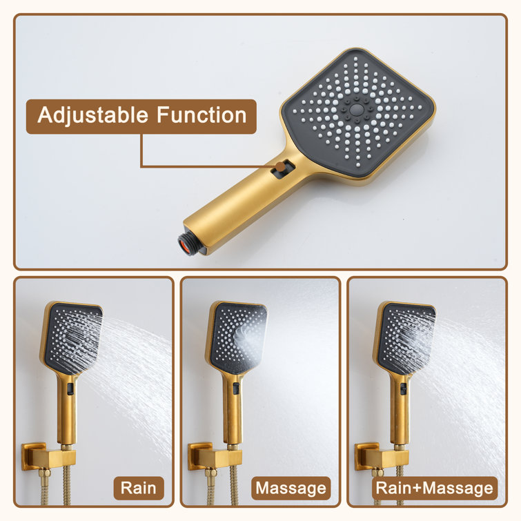Brushed Gold Dual Square Wall Mount Shower System with Handheld