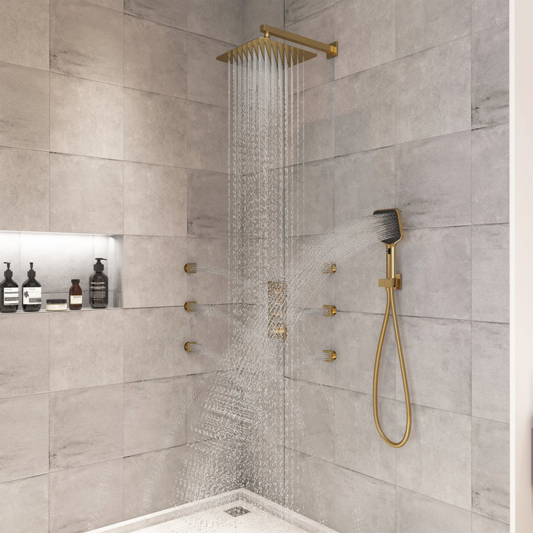 Brushed Gold Dual Square Wall Mount Shower System with Handheld