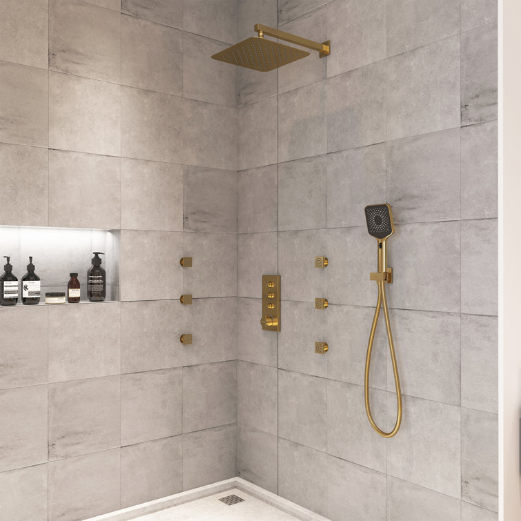 Brushed Gold Dual Square Wall Mount Shower System with Handheld
