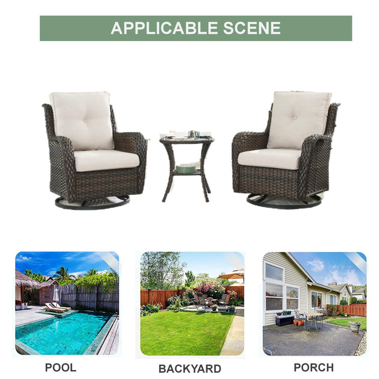Brown Wicker Swivel Glider Club Chairs with Beige Cushions