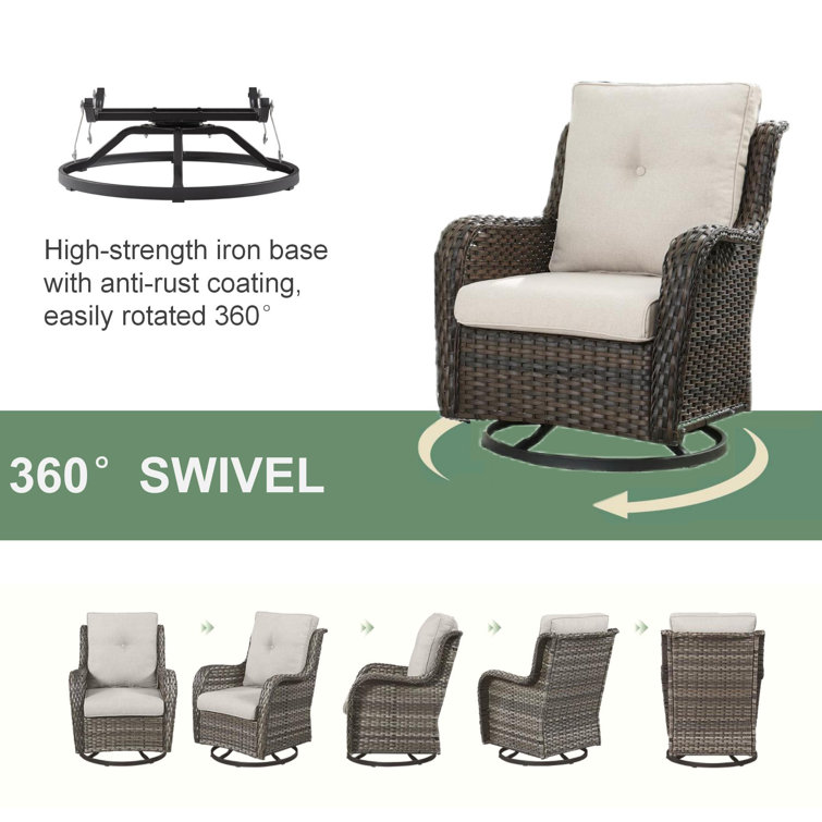 Brown Wicker Swivel Glider Club Chairs with Beige Cushions