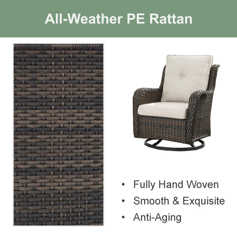 Brown Wicker Swivel Glider Club Chairs with Beige Cushions