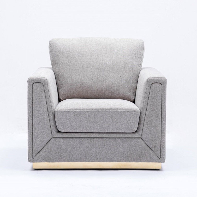 Gray Linen Barrel Accent Chair with Wooden Frame
