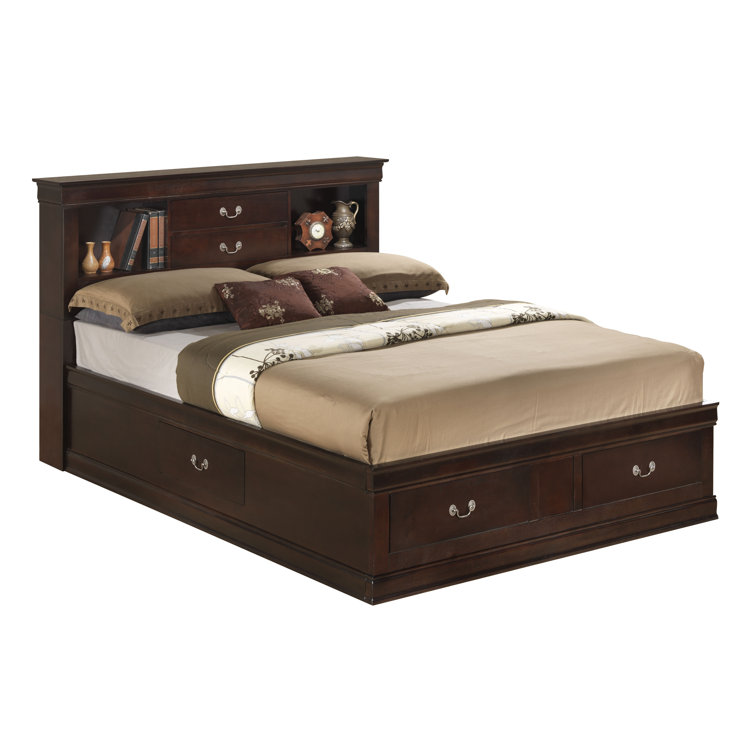 Cappuccino Queen Wood Frame Storage Platform Bed with Bookcase