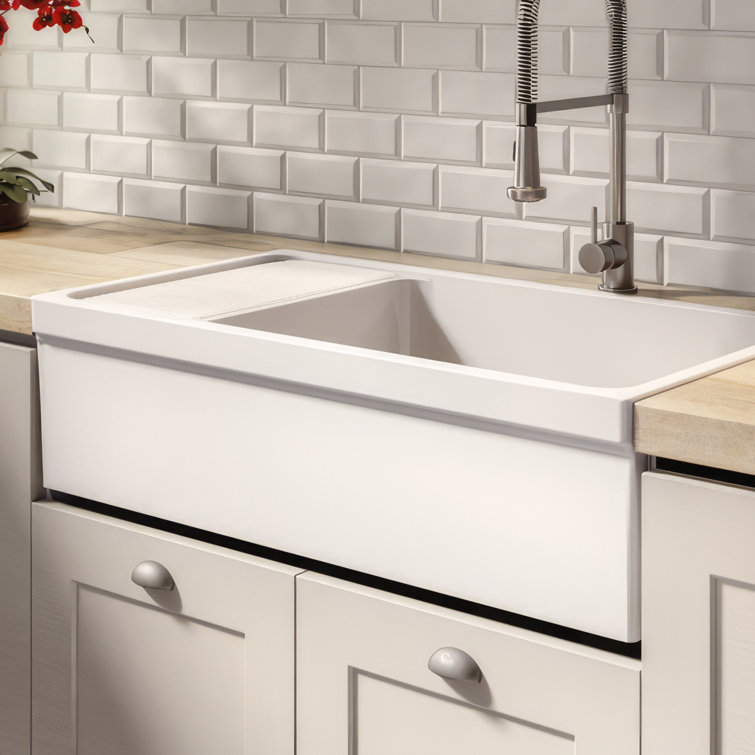 Matte White Fireclay Single Bowl Kitchen Sink with Drainboard