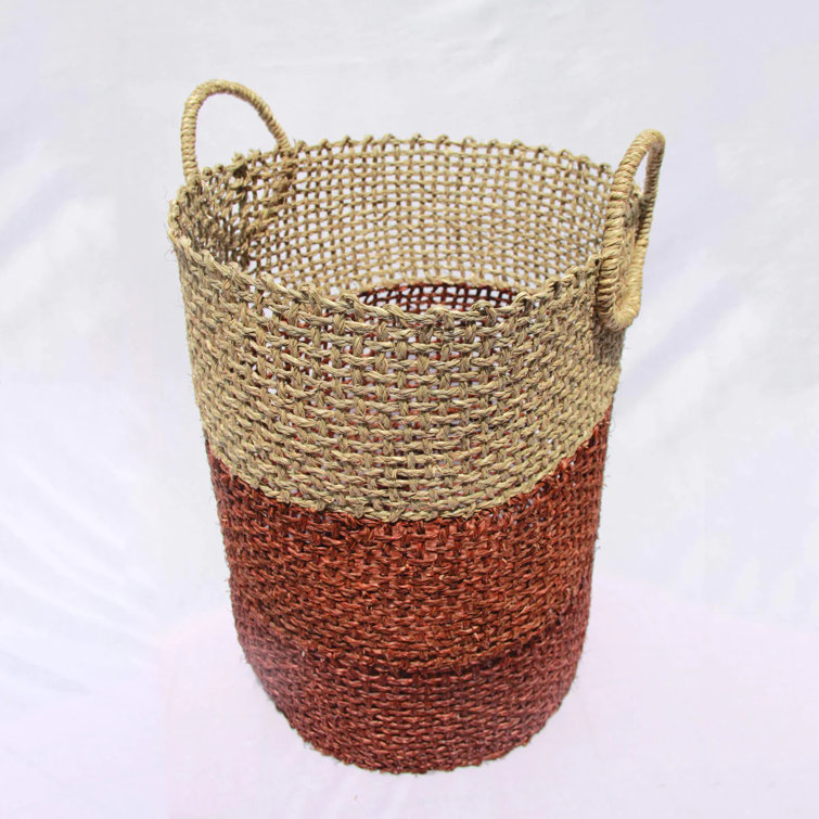 Handmade Brown and Red Seagrass Laundry Basket with Handles