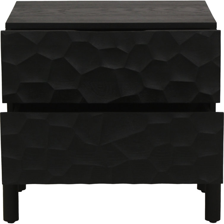 Black Solid Wood 2-Drawer Nightstand with Carved Detailing