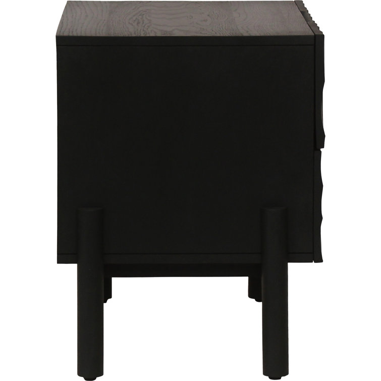 Black Solid Wood 2-Drawer Nightstand with Carved Detailing