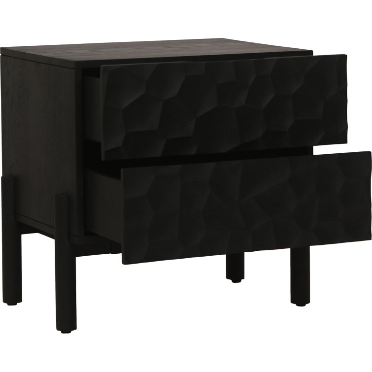Black Solid Wood 2-Drawer Nightstand with Carved Detailing