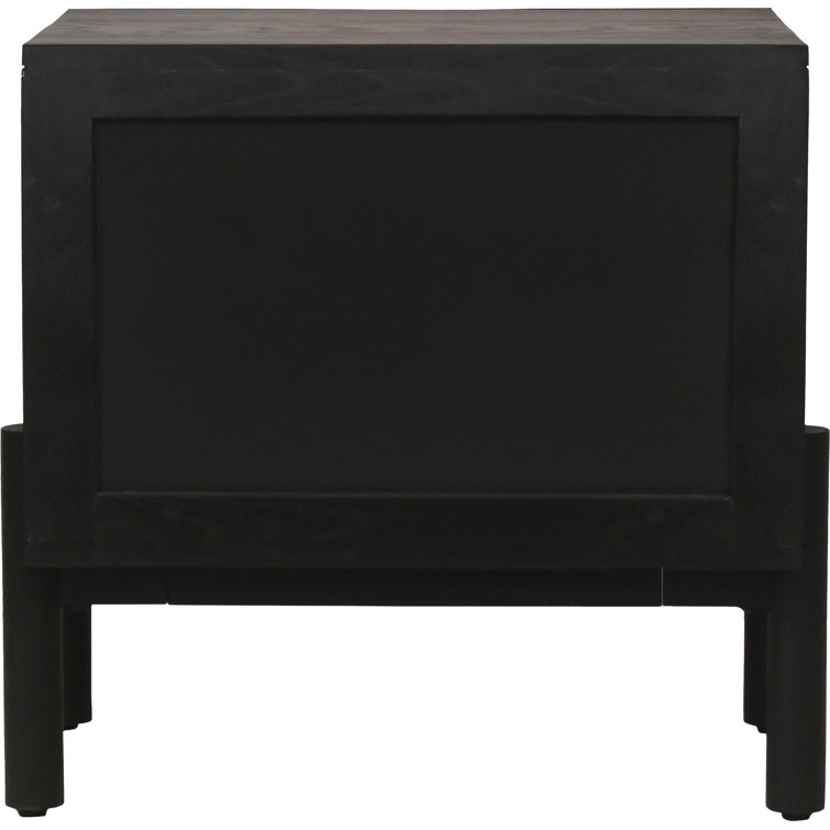 Black Solid Wood 2-Drawer Nightstand with Carved Detailing