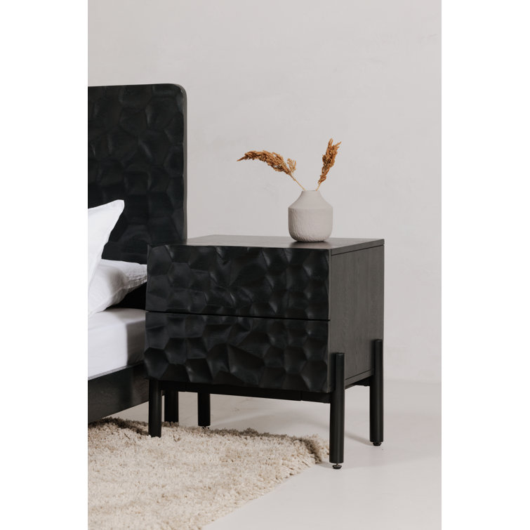 Black Solid Wood 2-Drawer Nightstand with Carved Detailing