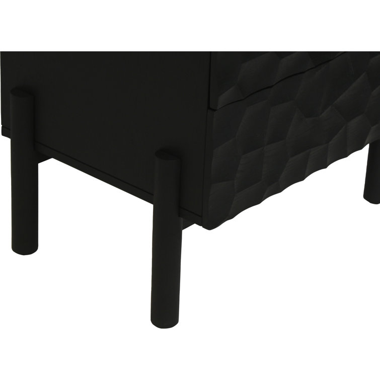 Black Solid Wood 2-Drawer Nightstand with Carved Detailing
