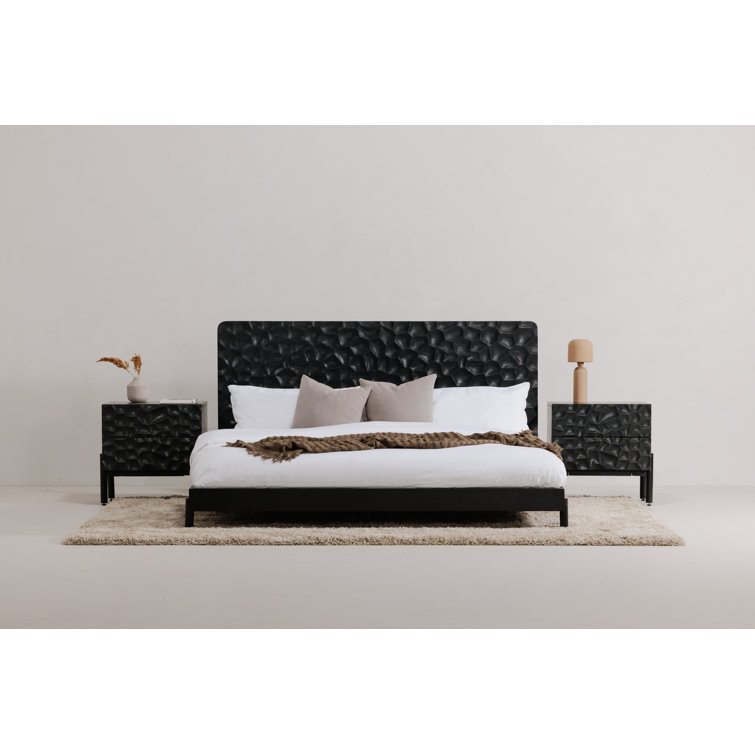 Black Solid Wood 2-Drawer Nightstand with Carved Detailing