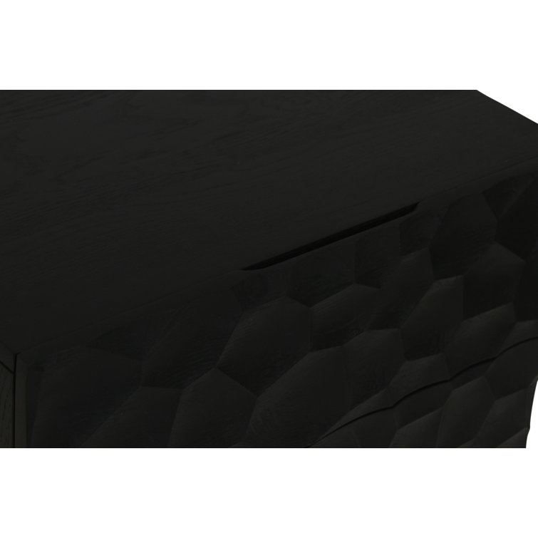 Black Solid Wood 2-Drawer Nightstand with Carved Detailing