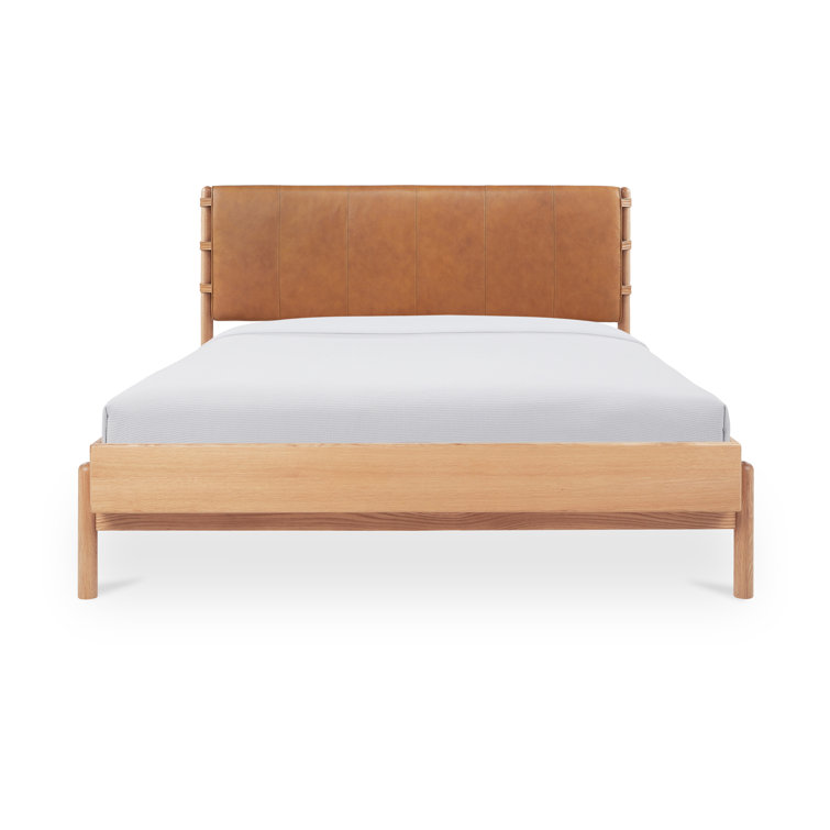 Queen Oak and Leather Upholstered Bed with Slats