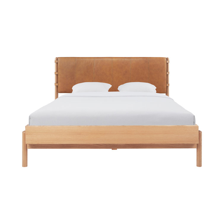 Queen Oak and Leather Upholstered Bed with Slats