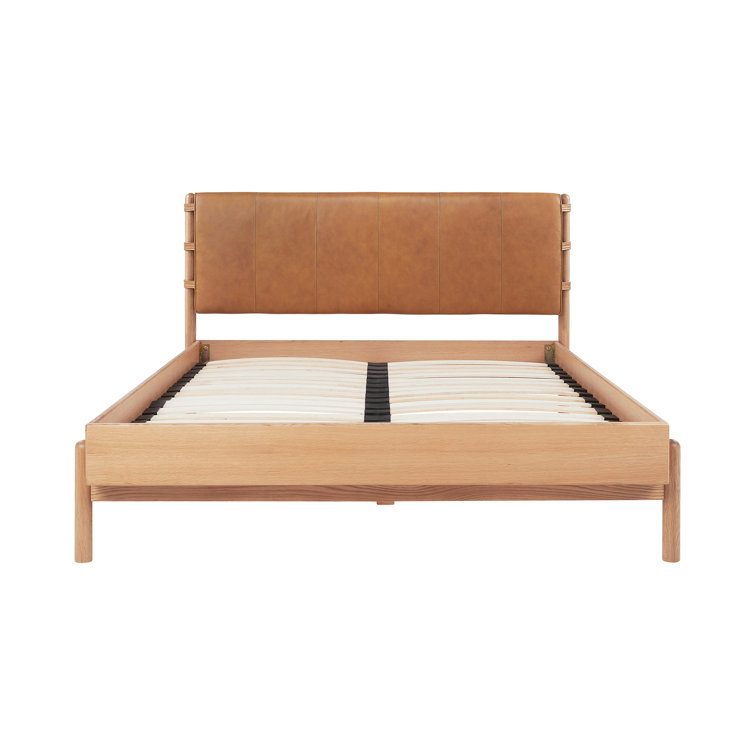 Queen Oak and Leather Upholstered Bed with Slats