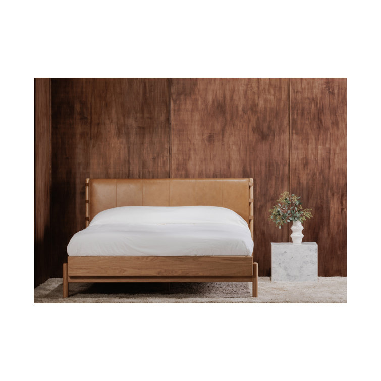 Queen Oak and Leather Upholstered Bed with Slats