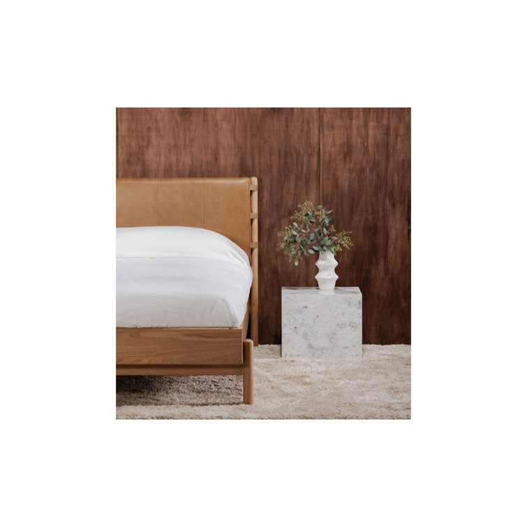 Queen Oak and Leather Upholstered Bed with Slats