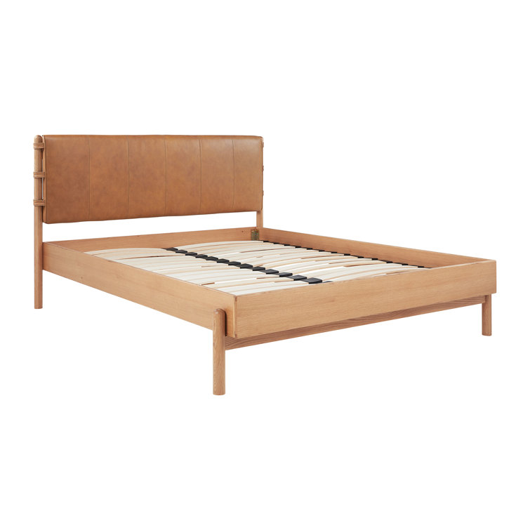 Queen Oak and Leather Upholstered Bed with Slats